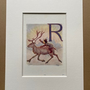 1920 Alfabeto Letra R Reno Original Vintage Margaret Tarrant Ilustración - Animal - Montado y Mate - Disponible Enmarcado