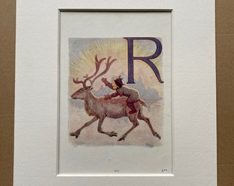 1920 Alphabet Letter R Reindeer Original Vintage Margaret Tarrant Illustration - Animal - Mounted and Matted - Available Framed