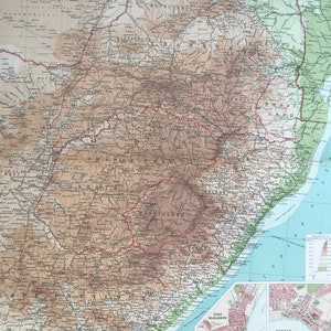 1922 Kapprovinz, Transvaal Großer Antiker Zeitatlas Physische Landkarte mit Nebenkarten von Port Elizabeth und Durban - Südafrika