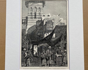 1880 In the Shoe Bazaar, Cairo Original Antique Engraving - Egypt - Mounted and Matted - Available Framed