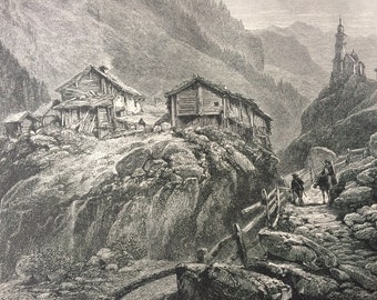 1876 Heiligenkreutz, Oetzthal Original Antique Wood Engraving - Tyrol - Austria - Mounted and Matted - Available Framed
