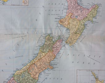1920 New Zealand (Political) Extra Large Original Antique Map with inset maps showing economics and density of population - Cartography