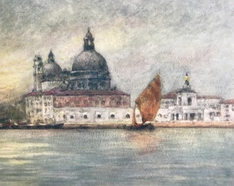 1904 The Custom House and Church of Santa Maria della Salute Original Antique Print - Venice - Italy - Mounted and Matted - Available Framed