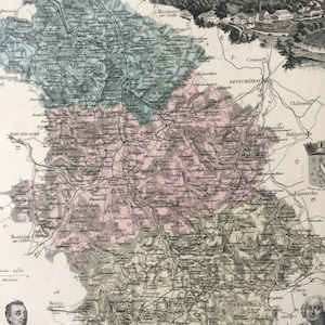 Carte ancienne originale de Haute-Marne de 1890 - Département de France - Gravures sur acier hors-texte de Chaumont et de portraits de dignitaires locaux