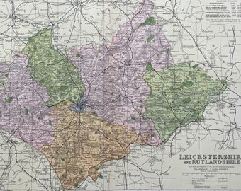 1902 Leicestershire and Rutlandshire Original Antique Map showing Railways, Stations, Crossroads, Canals - Large Wall Map - England