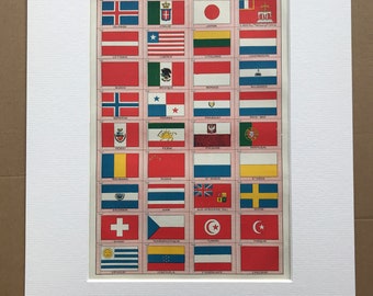 1923 National Flags Original Antique Print - Mounted and Matted - Wall Decor - Vexillology - Flag Decor - Available Framed