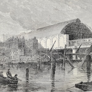1864 The Charing Cross Railway Station, as seen from the River Thames, London Original Antique Engraving - Available Framed
