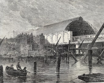 1864 The Charing Cross Railway Station, as seen from the River Thames, London Original Antique Engraving - Available Framed