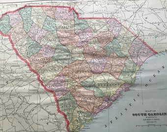 1907 South Carolina Large Original Antique Map - Vintage Decor, United States, SC State Map