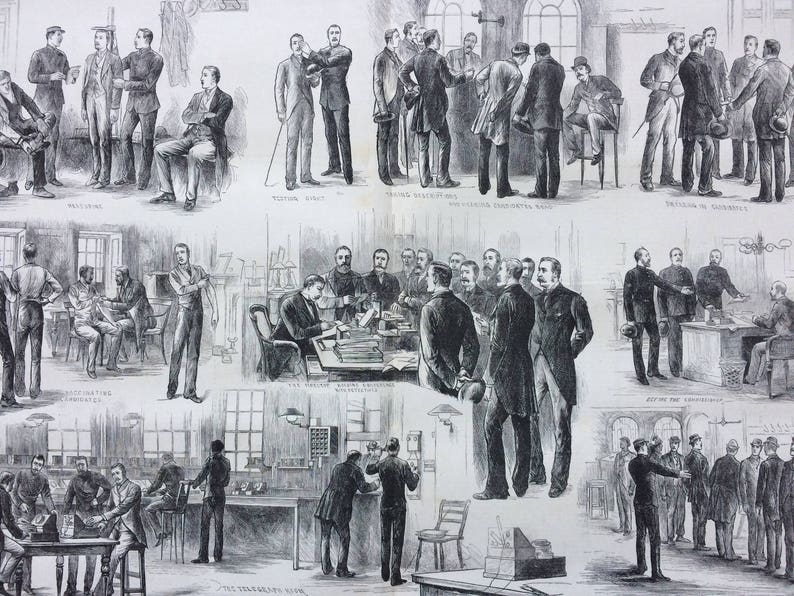 1883 Sketches in Scotland Yard London Police The Metropolitan and Detective Police Large Original Antique Engraving Victorian Decor