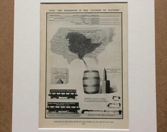 1940s Why the Mississippi is the 'Father of Waters' Original Antique Print - Mounted and Matted - Unique Wall Decor - Available Framed