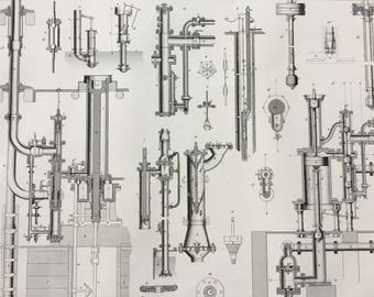 1849 Technical Diagram Large Original Antique Engraving - Mounted and Matted - Victorian Technology - Pipe Wheel Bearing - Available Framed