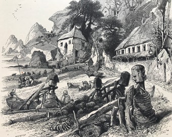1876 Babbicombe Bay Original Antique Wood Engraving - Mounted and Matted - Available Framed - South Devon - Babbacombe Bay