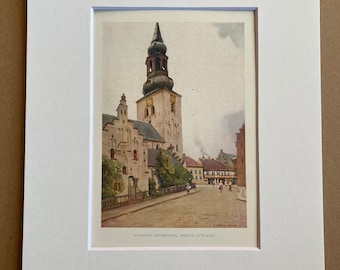 1928 Denmark - Aalborg Cathedral, North Jutland Original Antique Print - Mounted and Matted - Available Framed