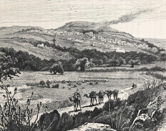 1880 Kefr Kenna, The Traditional Cana of Galilee Original Antique Engraving - Mounted and Matted - Available Framed - Palestine - Israel