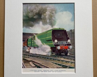 1953 Southern Region 'Merchant Navy' Class Locomotive Original Vintage Print - Railway - Train - Mounted and Matted - Available Framed