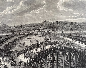 1880 Tokyo - View of the Bridge of Nippon Original Antique Print - Japan - Mounted and Matted - Available Framed