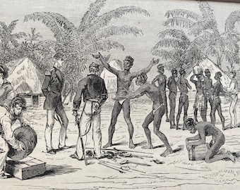 1880 Officers bartering with the Natives of the Admiralty Islands Original Antique Print - Mounted and Matted - Available Framed