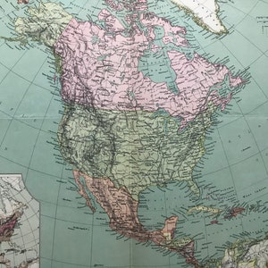 América del Norte de 1903 - Mapa antiguo original general con mapa de población insertado - muestra los principales ferrocarriles - Mapa de pared grande de época