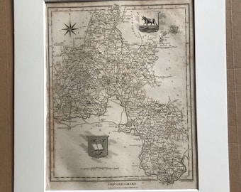 1821 Map of Oxfordshire Original Antique Copperplate Engraving - County Map - England - Available Matted and Framed