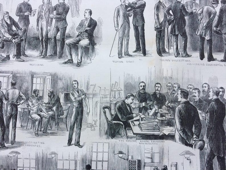 1883 Sketches in Scotland Yard London Police The Metropolitan and Detective Police Large Original Antique Engraving Victorian Decor