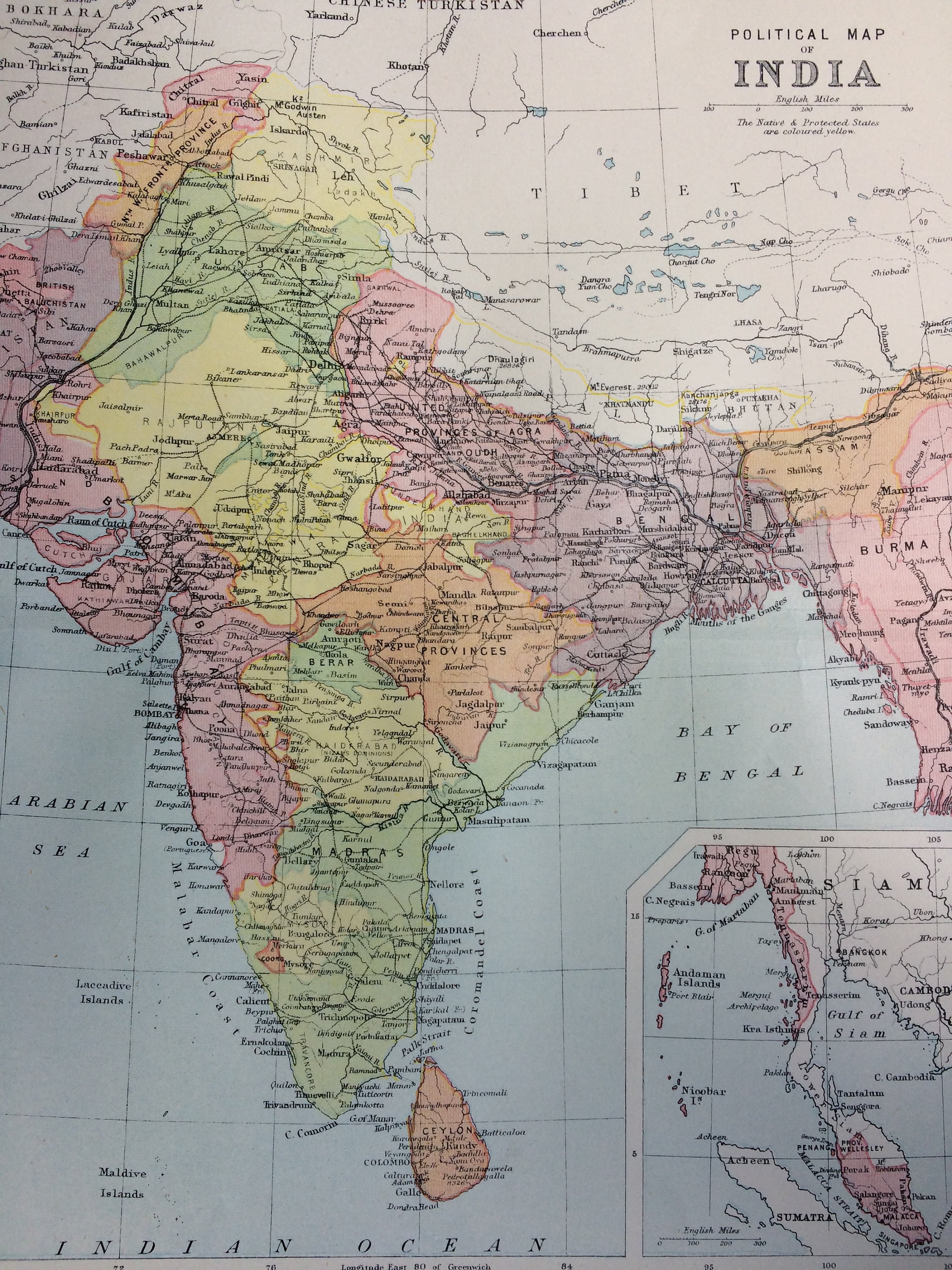 1904 India (Political) Original Antique Map 10 x 12 inches Wall Map