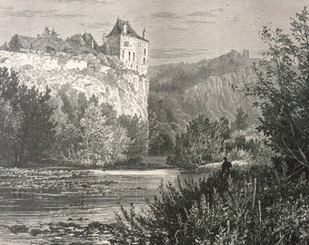 1876 The Chateau Walzin Original Antique Wood Engraving - Walzin Castle - Belgium - Mounted and Matted - Available Framed