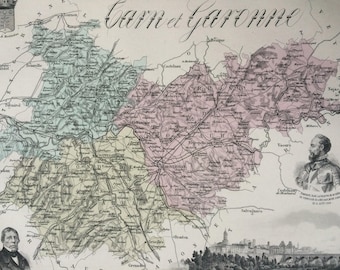 1890 Carn et Garonne Original Antique Map - Department of France - Inset Steel Engraving - Decorative Art - Available Framed - Wall Decor