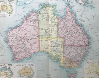 1922 AUSTRALIA Large Original Antique Times Atlas Political Map with inset maps showing rainfall, vegetation & population density