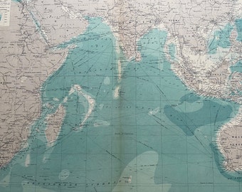 1922 INDIAN OCEAN Large Original Antique Times Atlas Map on Mercator's Projection showing ocean depth & steamer routes