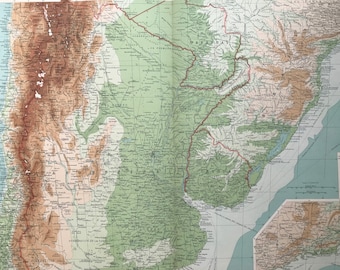 1922 Argentina, Chile, Uruguay, Paraguay and Brazil Large Original Antique Times Atlas Physical Map - South America - Large Wall Map