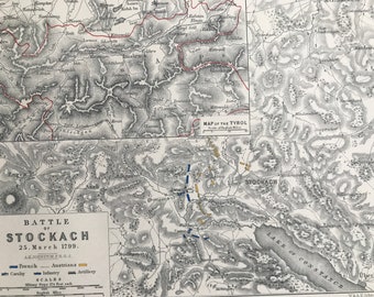 1875 Battle of Stockach, 1799 Original Antique Map - Germany - Battle Map - Military History - Available Framed