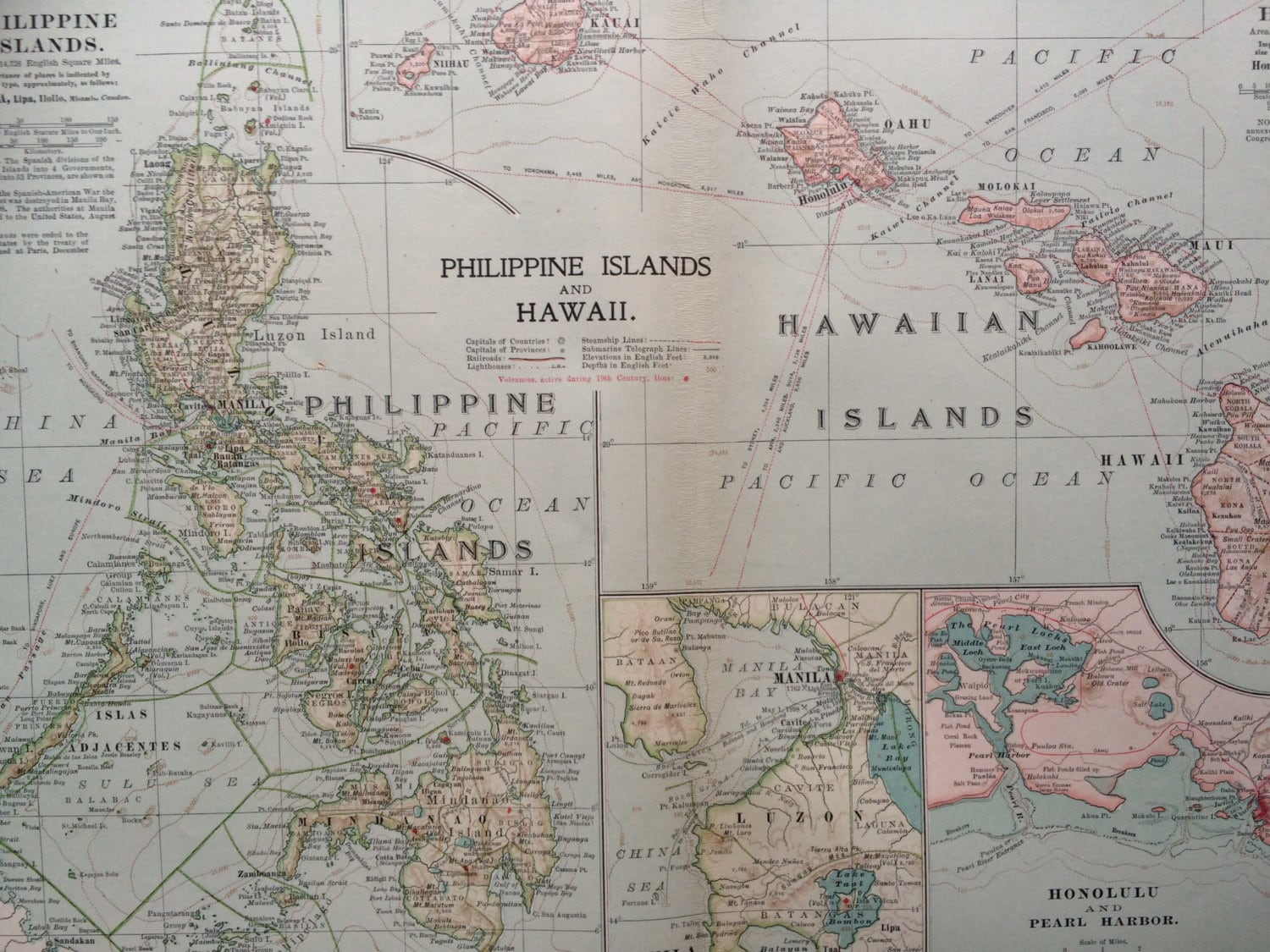 1903 PHILIPPINES & HAWAII Original Large Antique Map Wall Map Home