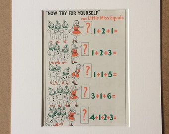 1940s Mathematics for Children Original Vintage Print - Mounted and Matted - Nursery Decor - Arithmetic - Children  - Available Framed