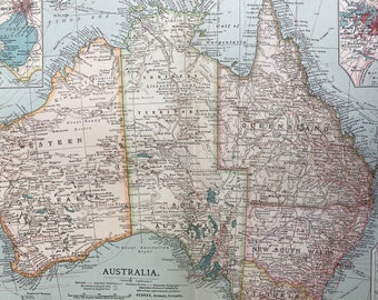 1903 Australia Original Large Antique Map with inset maps of Melbourne and Port Philip, Sydney and Vicinity and Tasmania