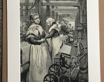 1883 At Work in a Woollen Factory Original Antique Engraving - Mounted and Matted - Victorian Decor