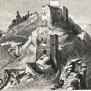 1876 Alarcon Original Antique Wood Engraving - Mounted and Matted - Castilla-La-Mancha - Cuenca - Spain - Landscape - Available Framed