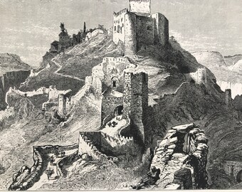1876 Alarcon Original Antique Wood Engraving - Mounted and Matted - Castilla-La-Mancha - Cuenca - Spain - Landscape - Available Framed
