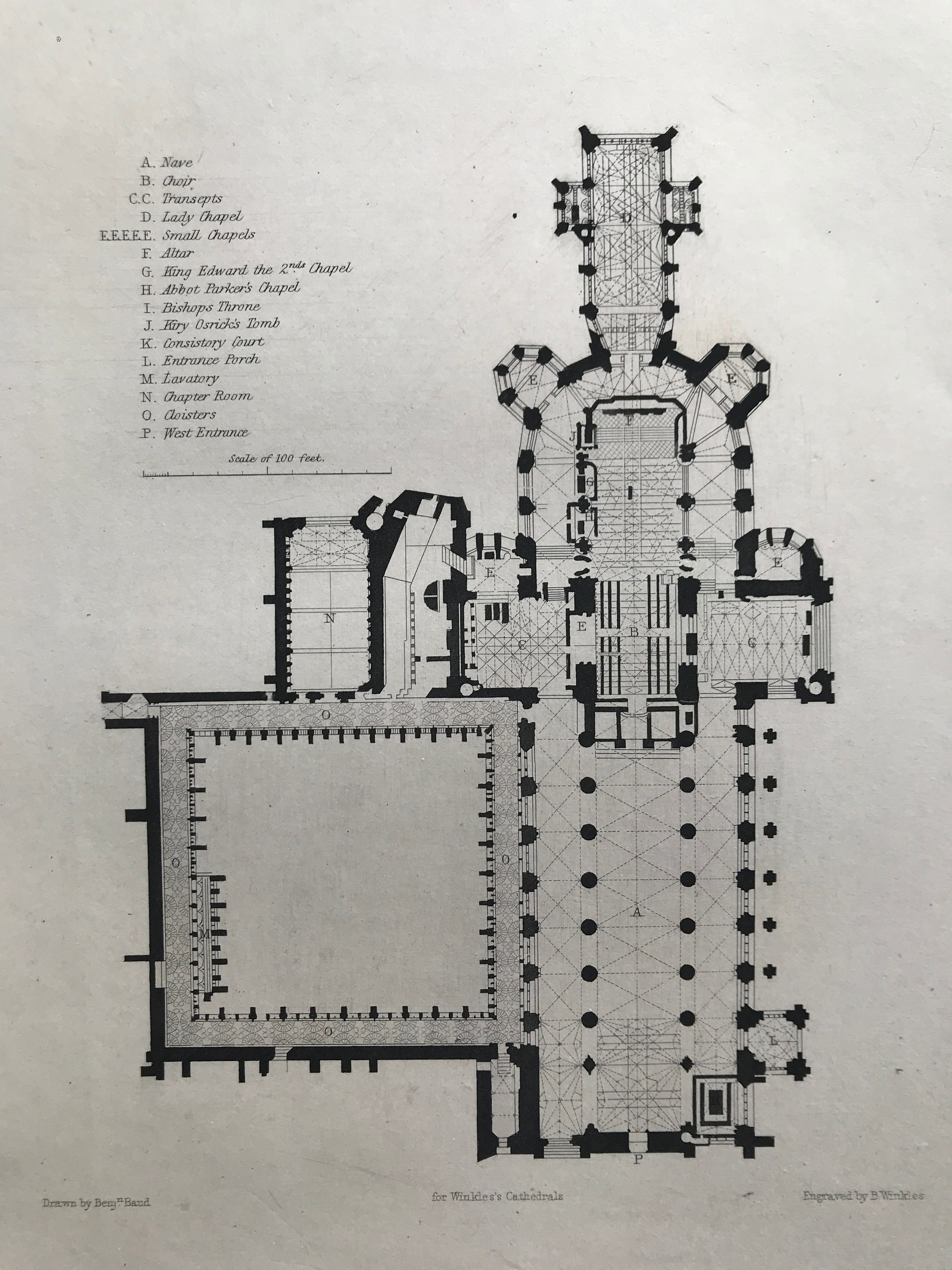 1843 Plan of Gloucester Cathedral Original Antique