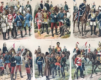 1897 Cavalry Original Antique Print - Available Framed - Military Decor - European Empires - Uniform