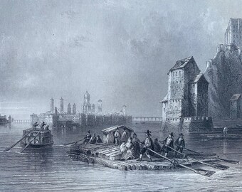 1874 Approach to Passau from Linz Original Antique Print - Austria - Danube River - Mounted and Matted - Available Framed