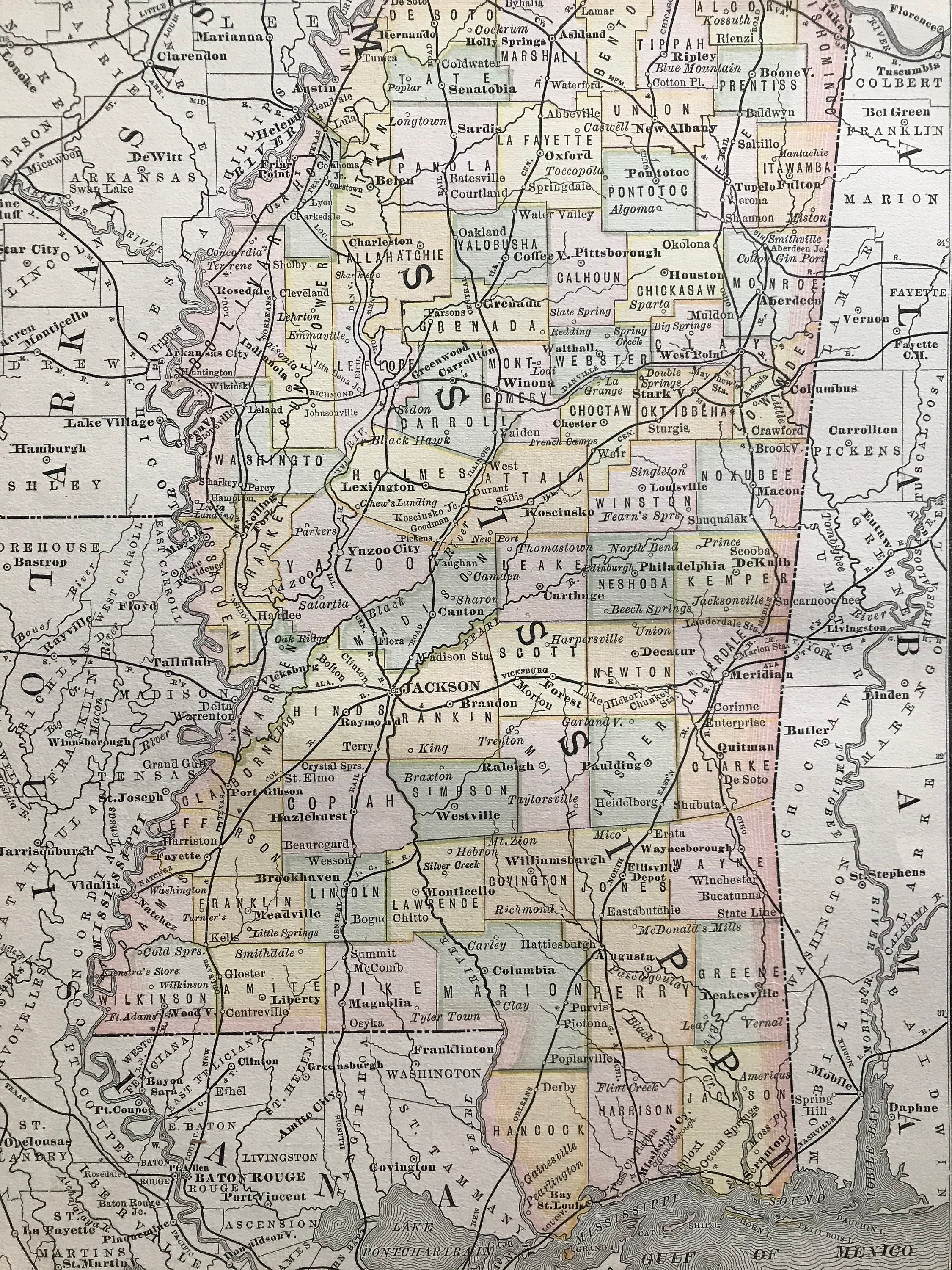 1891 Mississippi Original Antique Map Us State United States