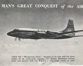 1950s Man's Great Conquest of the Air Original Vintage Illustration - Mounted and Matted - Bristol Britannia Airliner - Available Framed