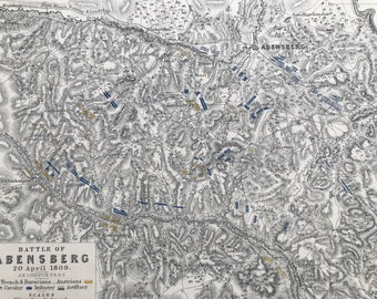 1875 Battle of Abensberg, 1809 Original Antique Map - Bavaria - Napoleonic Wars - Battle Map - Military History - Available Framed