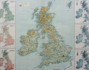 1922 BRITISH ISLES (Vegetation and Climate) Large Original Antique Times Atlas Map - Meteorology - Britain - Rainfall - Temperature