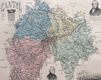 1890 Cantal Original Antique Map - Department of France - Inset Steel Engraving - Decorative Art - Available Framed - Wall Decor