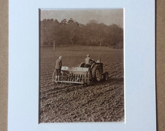 1940s Seed Drill & Tractor Original Vintage Sepia Photo Print - Farming Machinery - Agriculture - Mounted and Matted - Available Framed