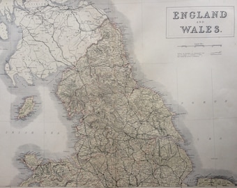 1859 ENGLAND and WALES (Northern Part) extra large rare original antique A & C Black Map showing railways, and railway plans