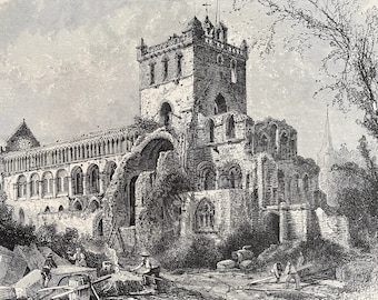 1876 Jedburgh Abbey Original Antique Engraving - Scottish Borders - Augustinian Abbey - Mounted and Matted - Available Framed