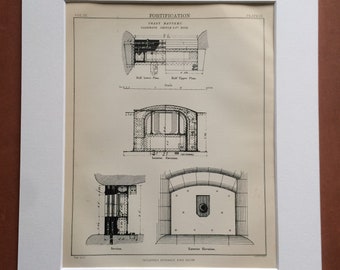 1875 Coast Battery Original Antique Engraving - Sea Defence - Fortification - Military Decor - Matted & Available Framed